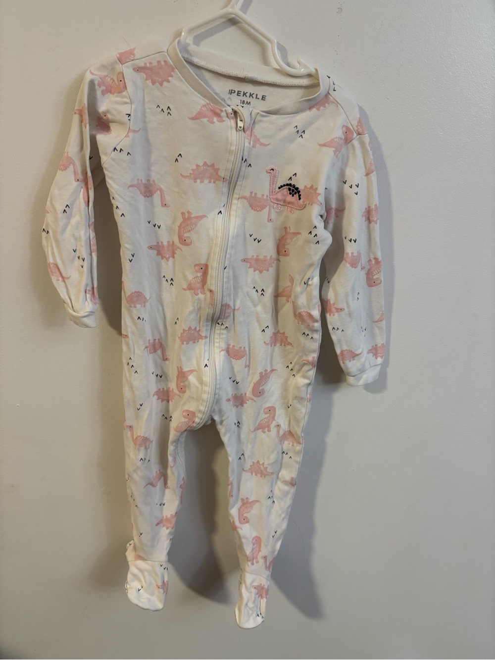Pekkle White and Pink Dinosaur Footed Pajamas 18 months